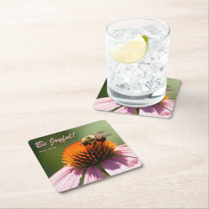 Be Joyful Coaster, with image of bee on coneflower Square Paper Coaster