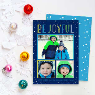 Be Joyful Colourful Snowfall Photo Collage Holiday Card