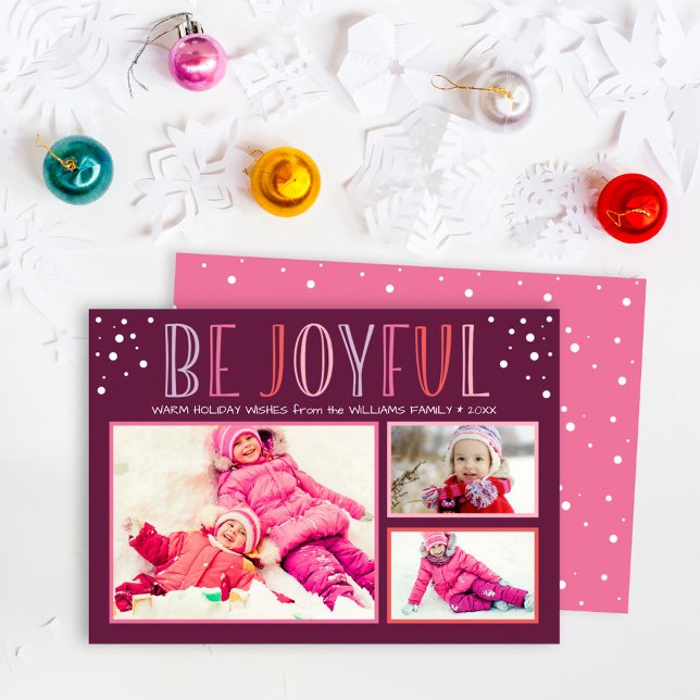 Be Joyful Pink Photo Collage Snow Dot Back Holiday Card (Creator Uploaded)