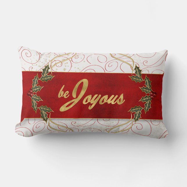 Be Joyous Be Jolly Red Ribbon and Holly Lumbar Pillow (Front)