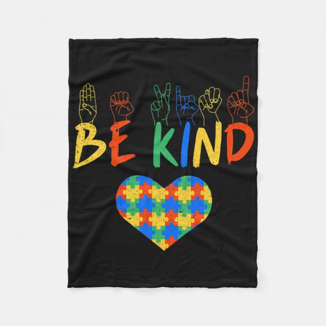 Be Kind Asl American Sign Language Autism Awarenes Fleece Blanket (Front)