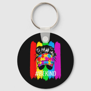 Be Kind Autism Awareness Messy Bun Girl Tees Keychain