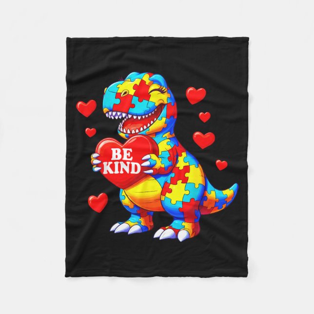 Be kind autism awareness t rex dinosaur heart fleece blanket (Front)