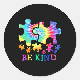 Be Kind Autism Puzzle Pieces Tie Dye Autism Awaren Classic Round Sticker