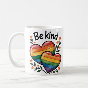 Be Kind Beautiful Gay Pride Rainbow Flag Hearts Coffee Mug