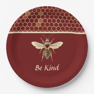 Be Kind Bee and Honeycomb on Burgundy Paper Plate
