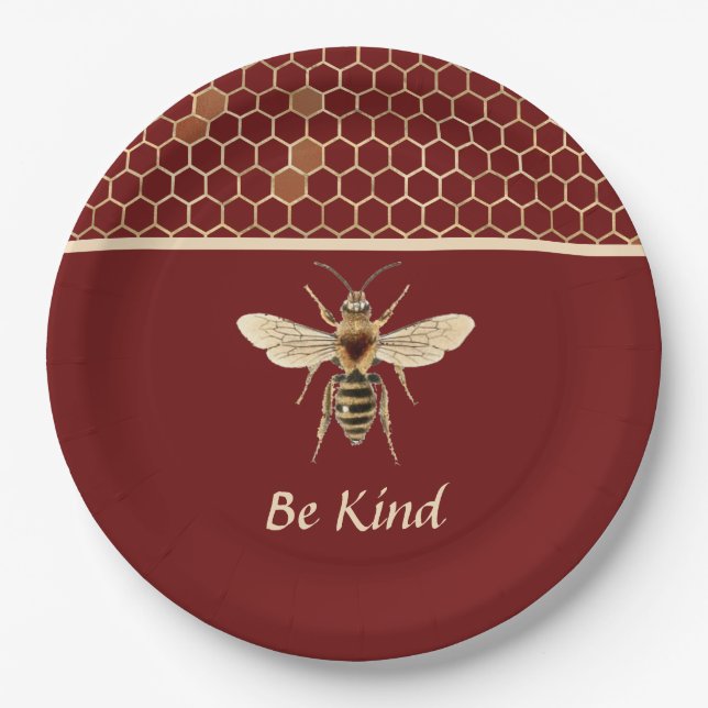 Be Kind Bee and Honeycomb on Burgundy Paper Plate (Front)