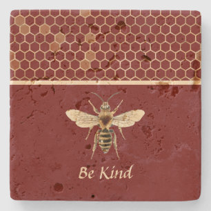 Be Kind Bee and Honeycomb on Burgundy Stone Coaster
