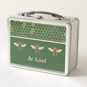 Be Kind Bee and Honeycomb on Vintage Green Metal Lunch Box