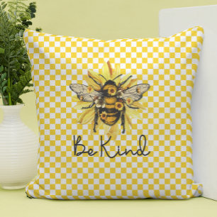 Be Kind Bee & Yellow Chequerboard Throw Pillow
