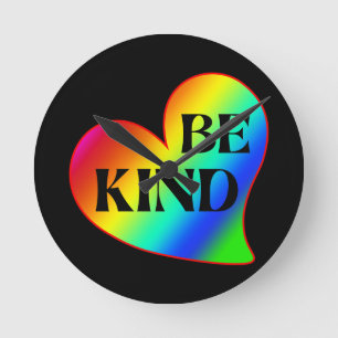 Be Kind Colourful Heart Rainbow Round Clock
