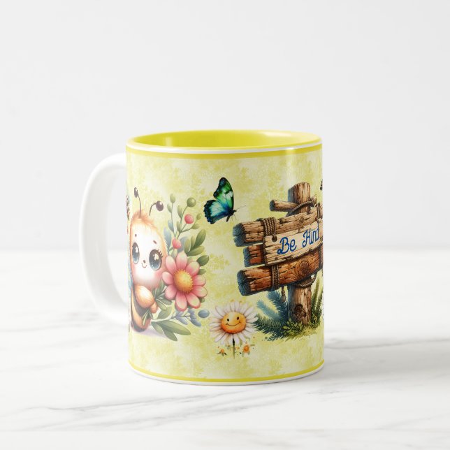 Be Kind Cute Bee Mug Yellow Daisies Customizable (Front Left)