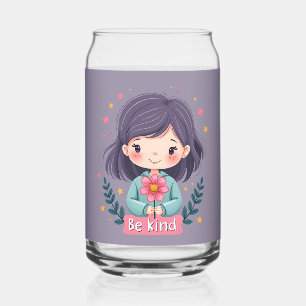 Be Kind Cute Girl with Flower Positive Art Can Glass