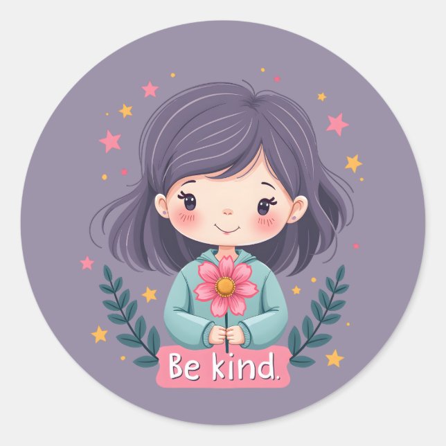 Be Kind Cute Girl with Flower Positive Art Classic Round Sticker (Front)