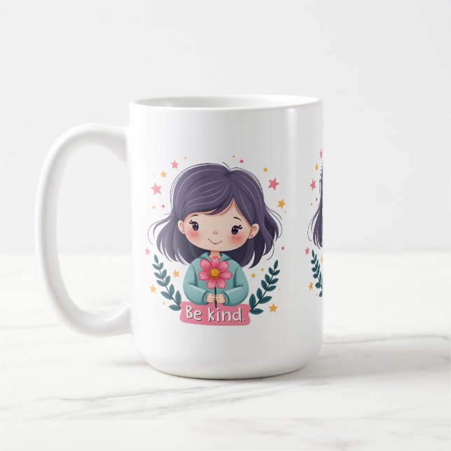 Be Kind Cute Girl with Flower Positive Art Coffee Mug (Left)