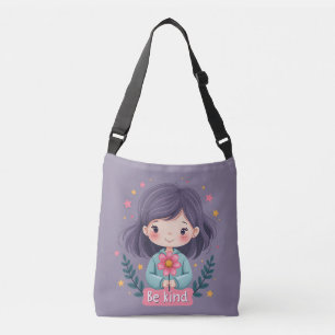 Be Kind Cute Girl with Flower Positive Art Crossbody Bag
