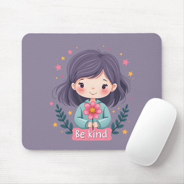 Be Kind Cute Girl with Flower Positive Art Mouse Pad (With Mouse)