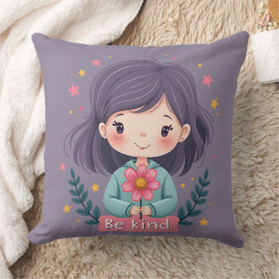 Be Kind Cute Girl with Flower Positive Art Throw Pillow