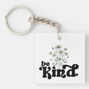 Be Kind Daisy – Minimalist Black Typography Floral Keychain