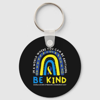 Be Kind Down Syndrome Awareness Blue Ribbon Rainbo Keychain