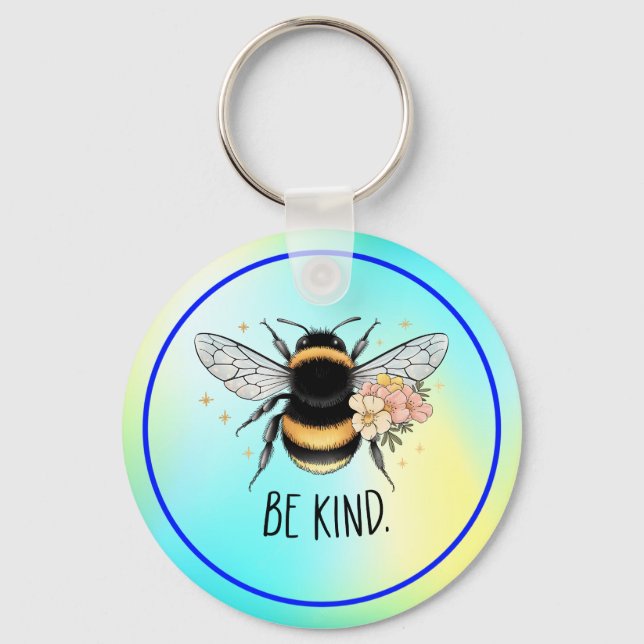 Be Kind Floral Cute Bee Inspirational Design Keychain (Front)