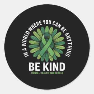 Be Kind Green Ribbon Sunflower Mental Health Aware Classic Round Sticker