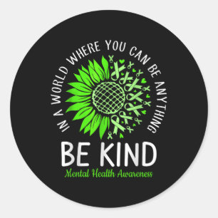 Be Kind Green Ribbon Sunflower Mental Health Aware Classic Round Sticker