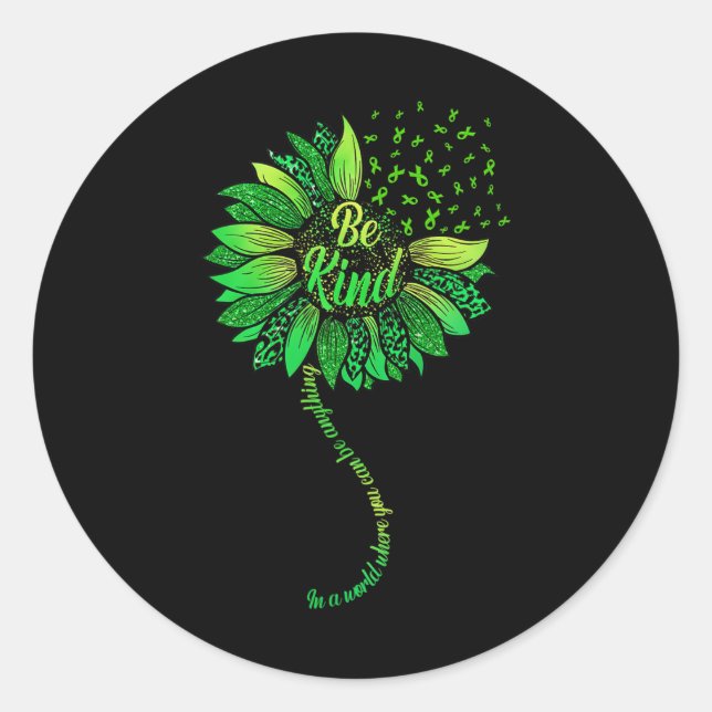 Be Kind Green Ribbon Sunflower Mental Health Aware Classic Round Sticker (Front)
