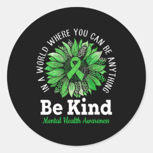 Be Kind Green Ribbon Sunflower Mental Health Aware Classic Round Sticker