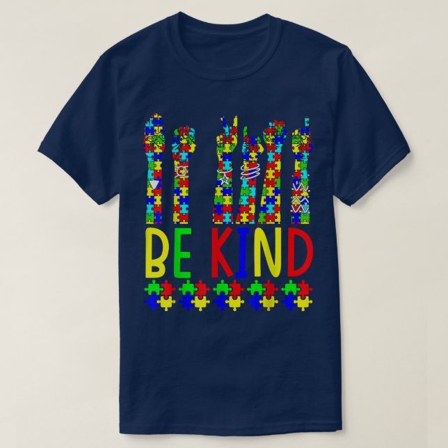 Be Kind Hand Sign Language Puzzle Autism Awareness T-Shirt (Design Front)