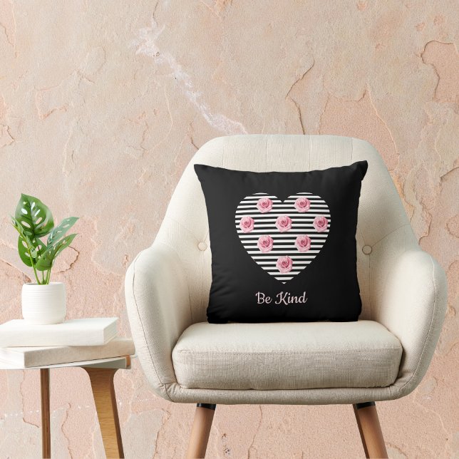 Be Kind Heart Romantic Pink Roses on Black Stripes Throw Pillow (Creator Uploaded)