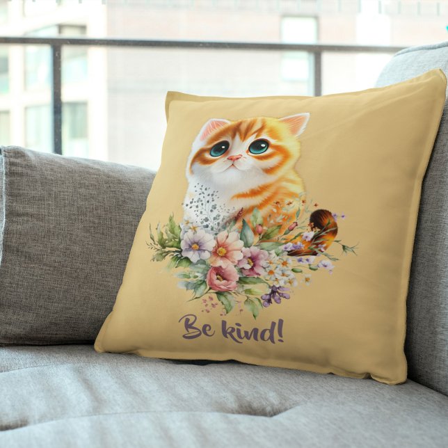"Be Kind" Inspirational Kitten Floral Design  Throw Pillow ("Be Kind" Inspirational Kitten Floral Design Throw Pillow)