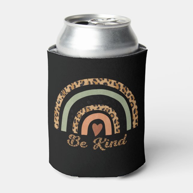 Be Kind Leopard Print Rainbow Back & Front Can Cooler (Can Front)