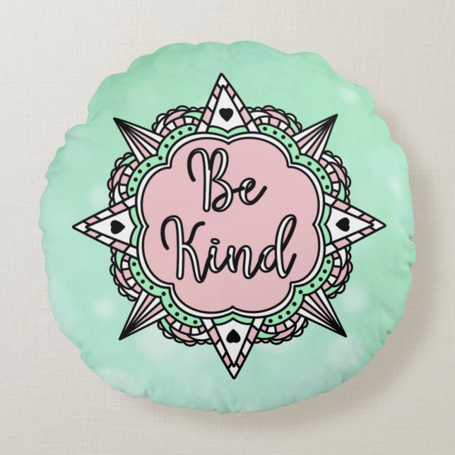 Be Kind | Pink and Mint Green Mandala Round Pillow (Front)