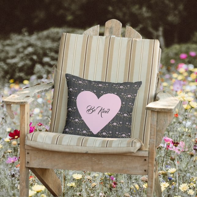 Be Kind Pink Heart on Tiny Roses and Black Stripes Throw Pillow (Creator Uploaded)