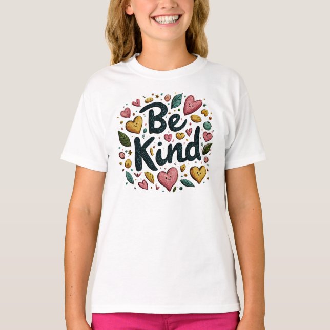 Be Kind Positive Message Kids’ T-Shirt with Hearts (Front)