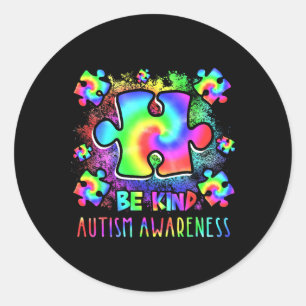 Be Kind Puzzle Pieces Tie Dye Autism Awareness Mon Classic Round Sticker