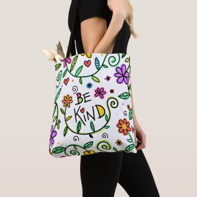 Be Kind Quote Cute Typography and Floral Tote Bag (Close Up)
