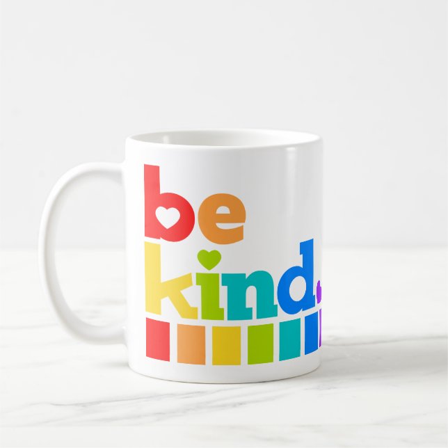 Be kind rainbow graphic text slogan hearts coffee mug (Left)