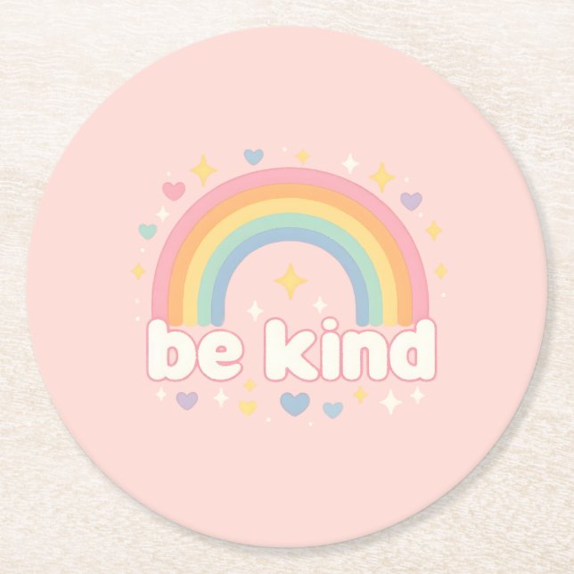 Be Kind – Rainbow Pastel Positivity Round Paper Coaster (Front)