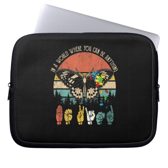 Be Kind Sign Language Be Anything AutismButterfly Laptop Sleeve (Front)