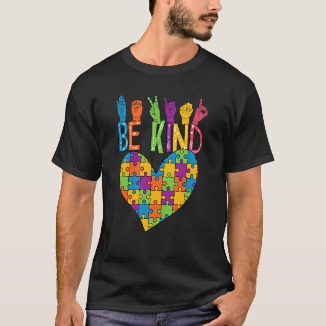 Be Kind Sign Language Heart Puzzle Piece Teachers  T-Shirt (Front)