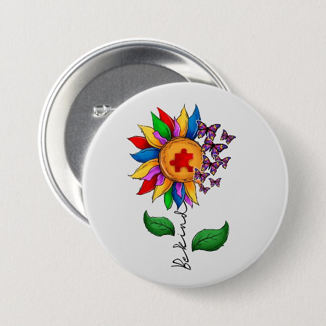 Be Kind Sunflower- Autism Awareness 3 Inch Round Button (Front & Back)