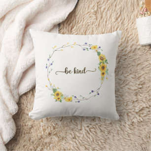 Be Kind, Sunflower Floral Botanical Wreath   Throw Pillow