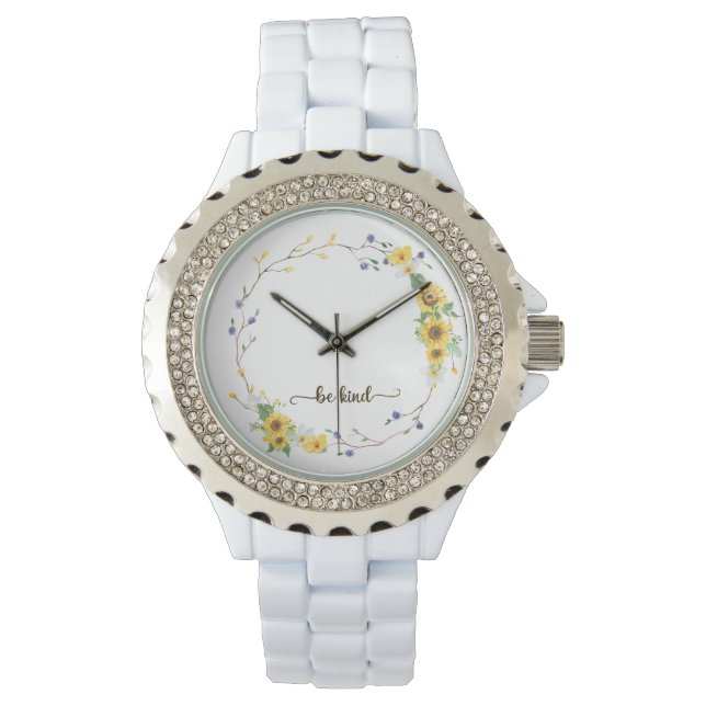 Be Kind, Sunflower Floral Botanical Wreath  Watch (Front)
