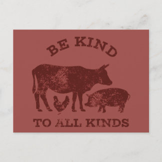 Be Kind to All Kinds Maroon Vegetarian Message Postcard