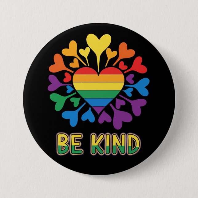 Be Kind vibrant Gay pride Flag Hearts 3 Inch Round Button (Front)