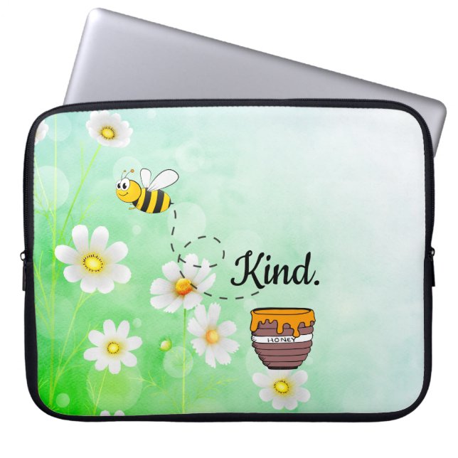 Be Kind | White & Green Floral Text Beautiful Laptop Sleeve (Front)