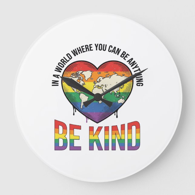 Be Kind World Heart Rainbow Vector T-Shirt Design_ Large Clock (Front)