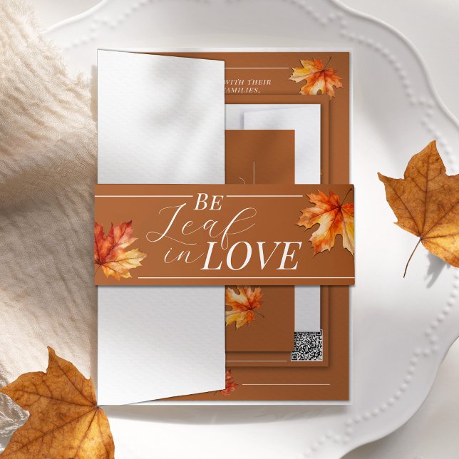 Be Leaf In Love Fall Leaves Burnt Orange Wedding Invitation Belly Band (Elegant Watercolor fall leaves Autumn wedding invitation belly band, burnt orange, Be leaf beleaf )